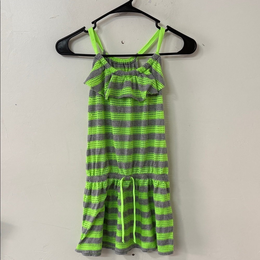 Justice Neon Green & Gray Striped Ruffle Tank Dress swim cover up